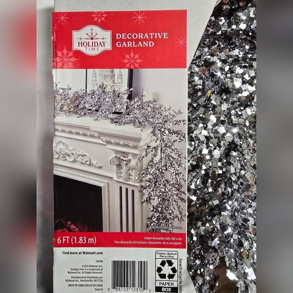 Nib Holiday Time Christmas Elegant Glam Sparkly Silver Garland, 6ft